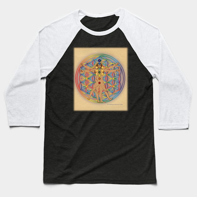 Virtruvian Man and Flower of Life on Parchment Baseball T-Shirt by BigCatGymSportswear